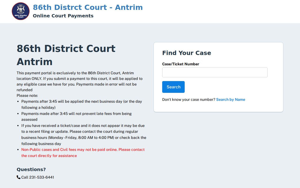 86th District Court Antrim online case payment lookup