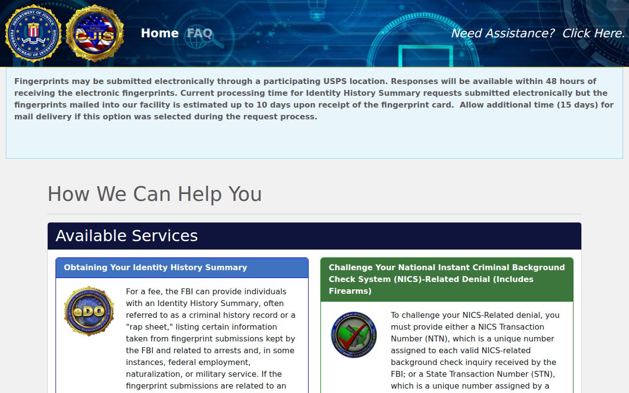FBI electronic identity history request for an Antrim County criminal record review