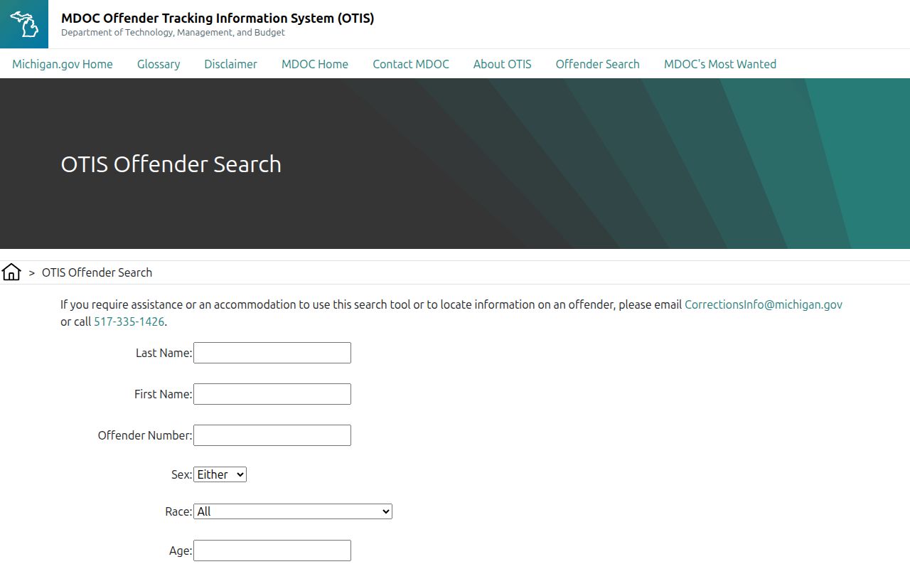 Antrim County criminal history search fields in MDOC OTIS